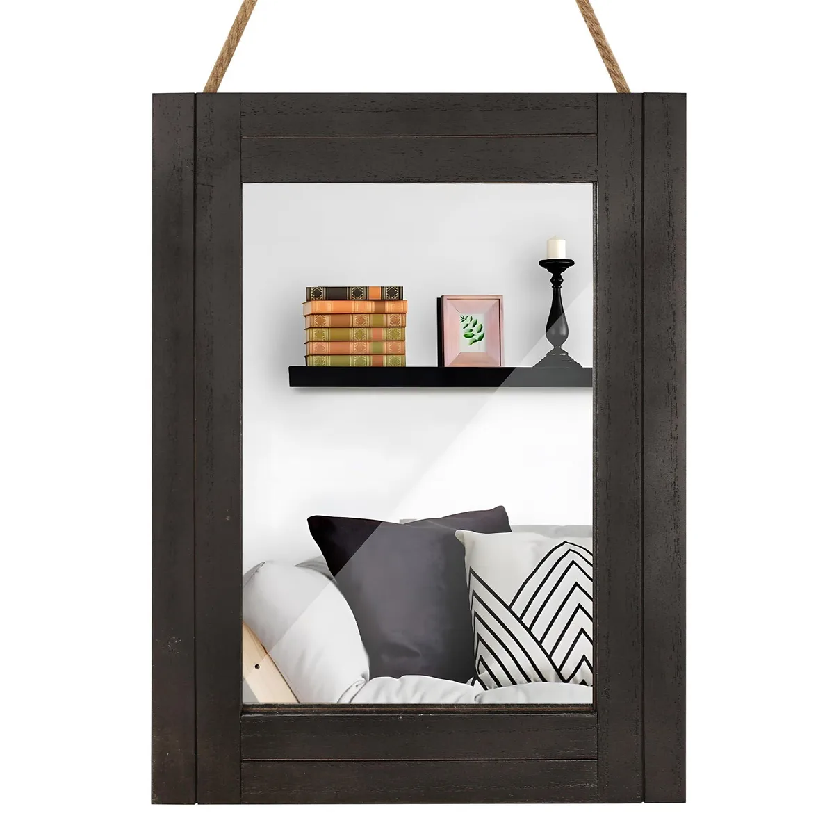 Rectangular black distressed wood frame mirror with hanging rope, 12 by 16 inches