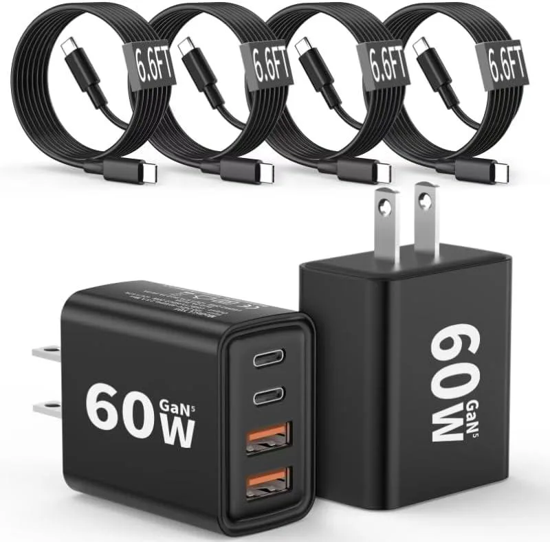 Elestur Elestur 2-Pack 60W 4-Port GaN5 USB-C Charger with 6.6FT Cables — product photo
