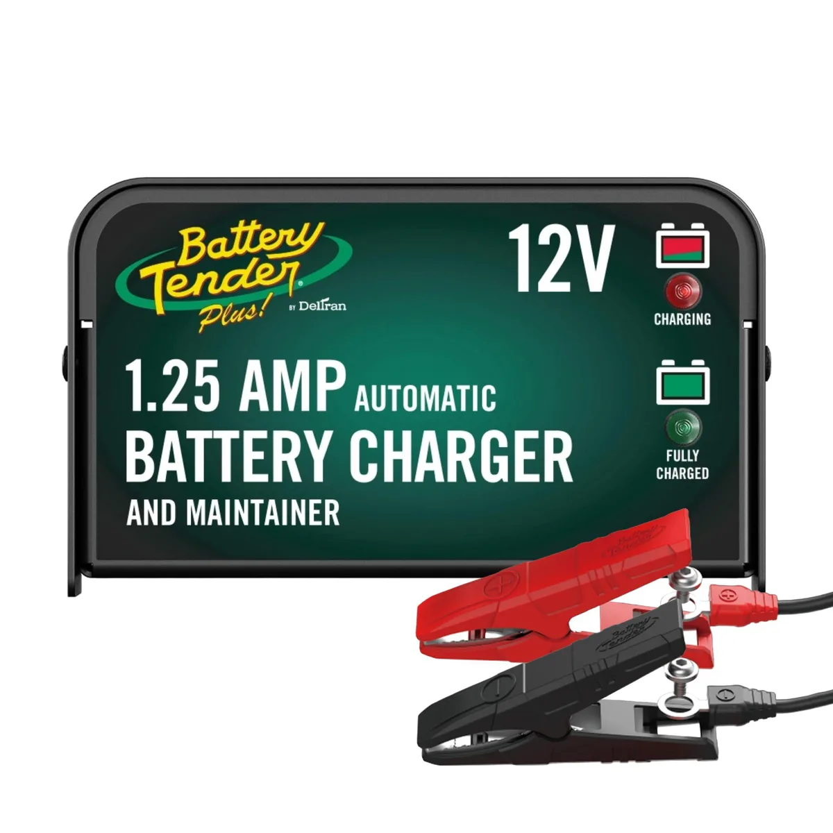 Black rectangular battery charger with LED indicator and attached cables