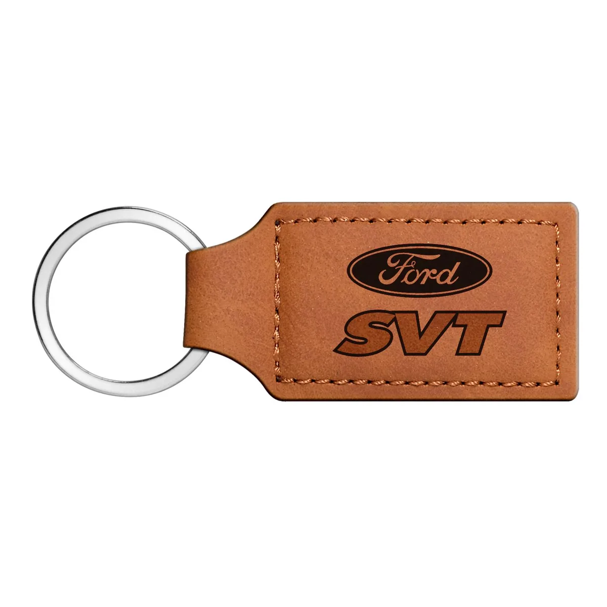 Rectangular brown leather key chain with laser-etched Ford SVT logo