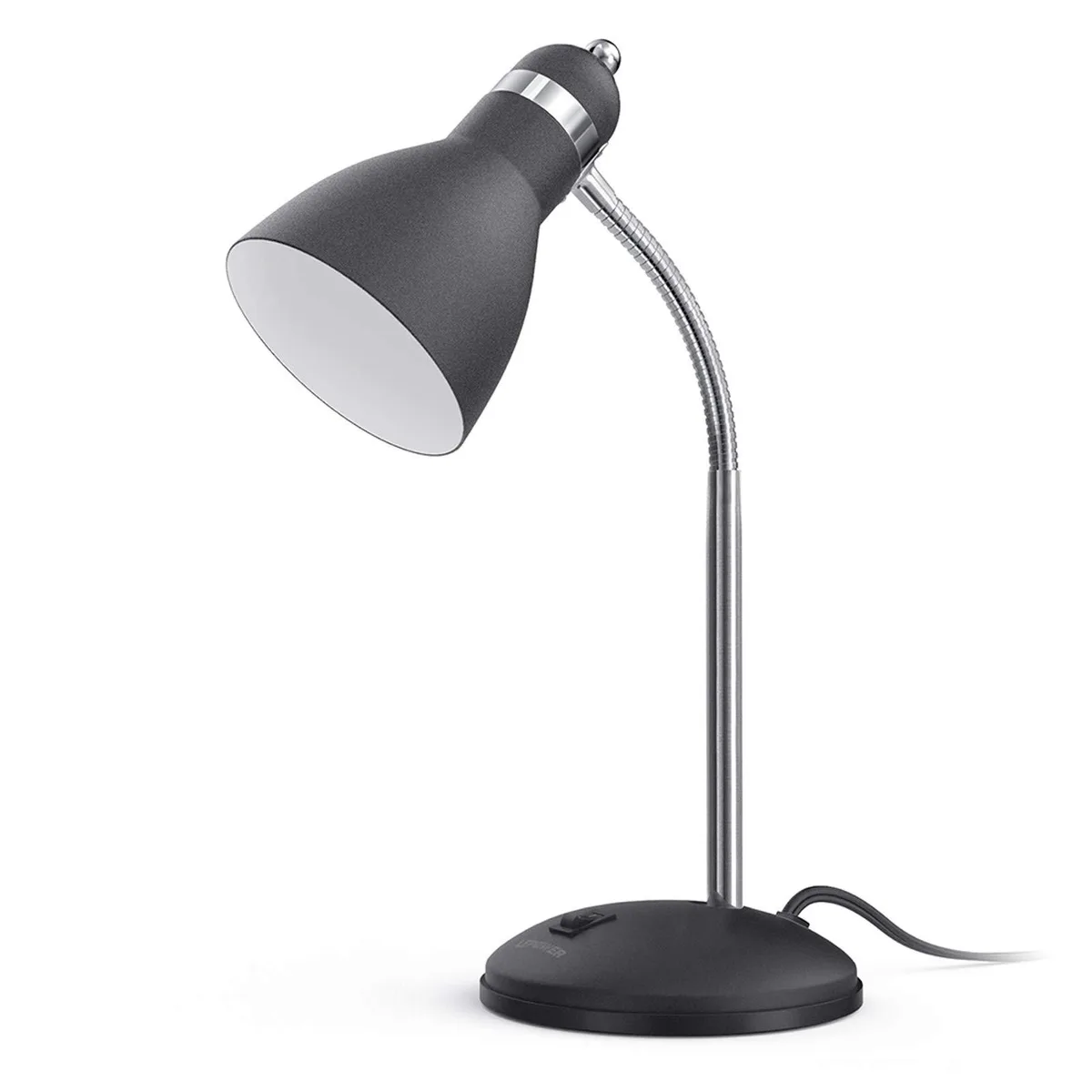Matte black metal desk lamp with flexible gooseneck arm and round base