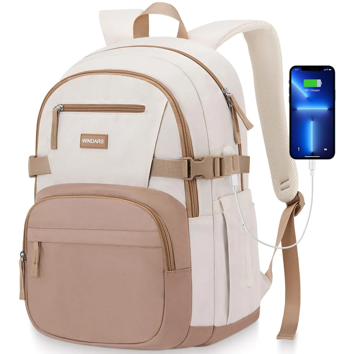 Beige polyester laptop backpack with USB port, padded straps, 25L capacity