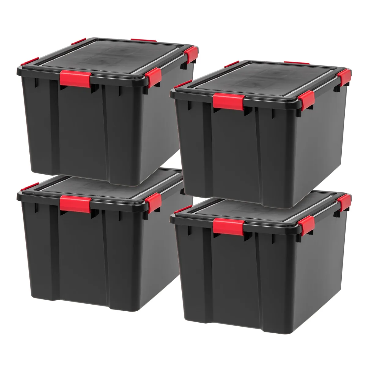 Four black rectangular plastic bins with red buckle lids, stacked together