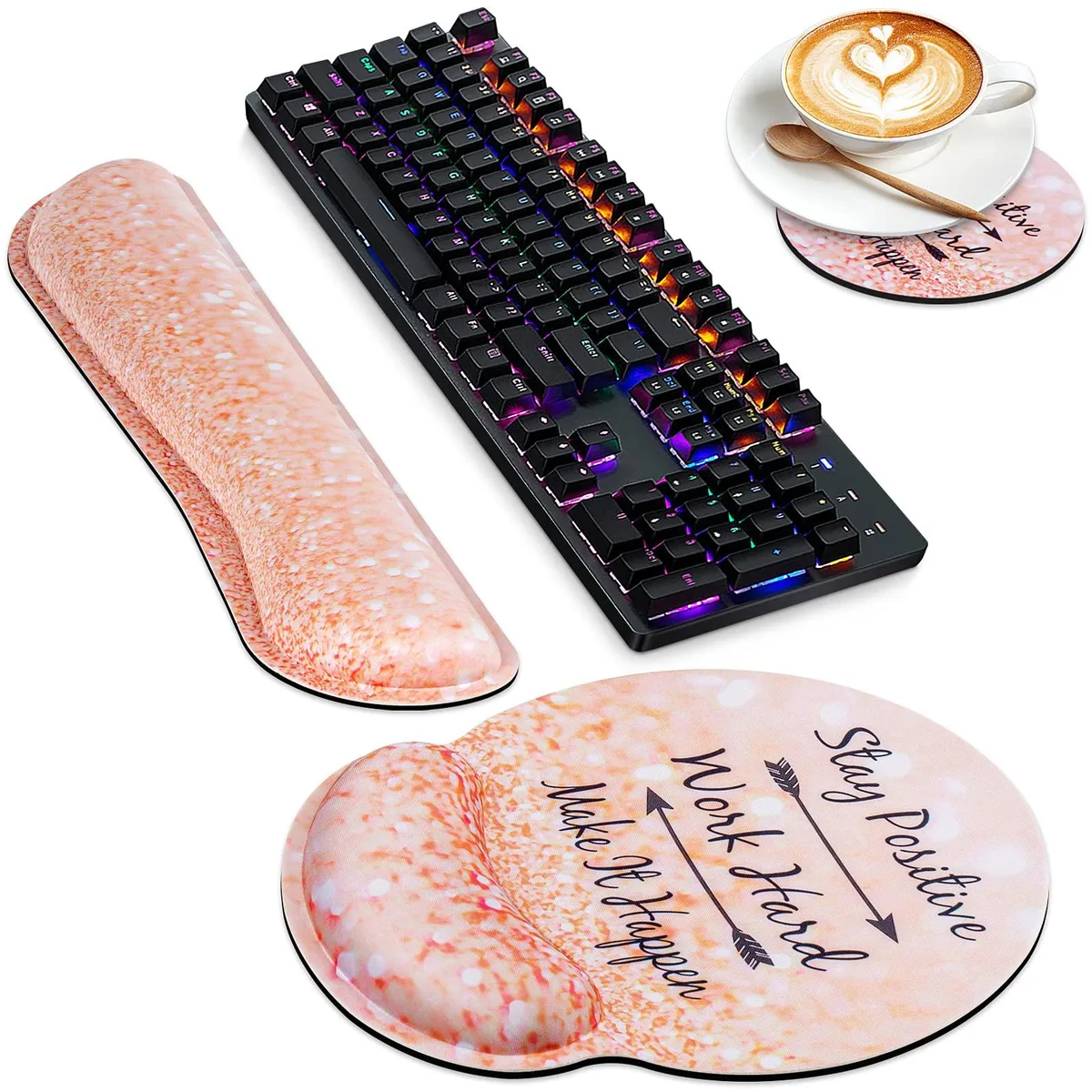  Keychron AN1258 3-in-1 mouse pad set 16.9x3.54 inch keyboard rest 9.9x9 inch mouse pad 4.75 inch coaster — product photo