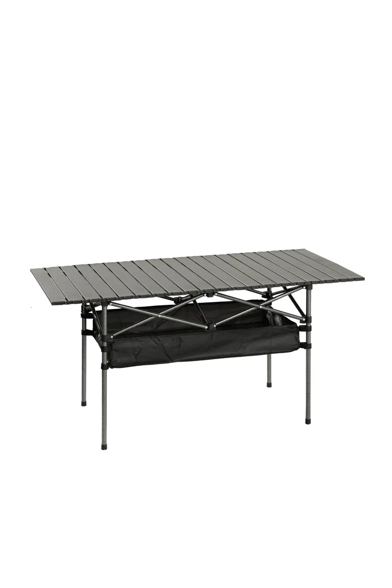 Black folding table with aluminum top and carbon steel frame folded into carry bag