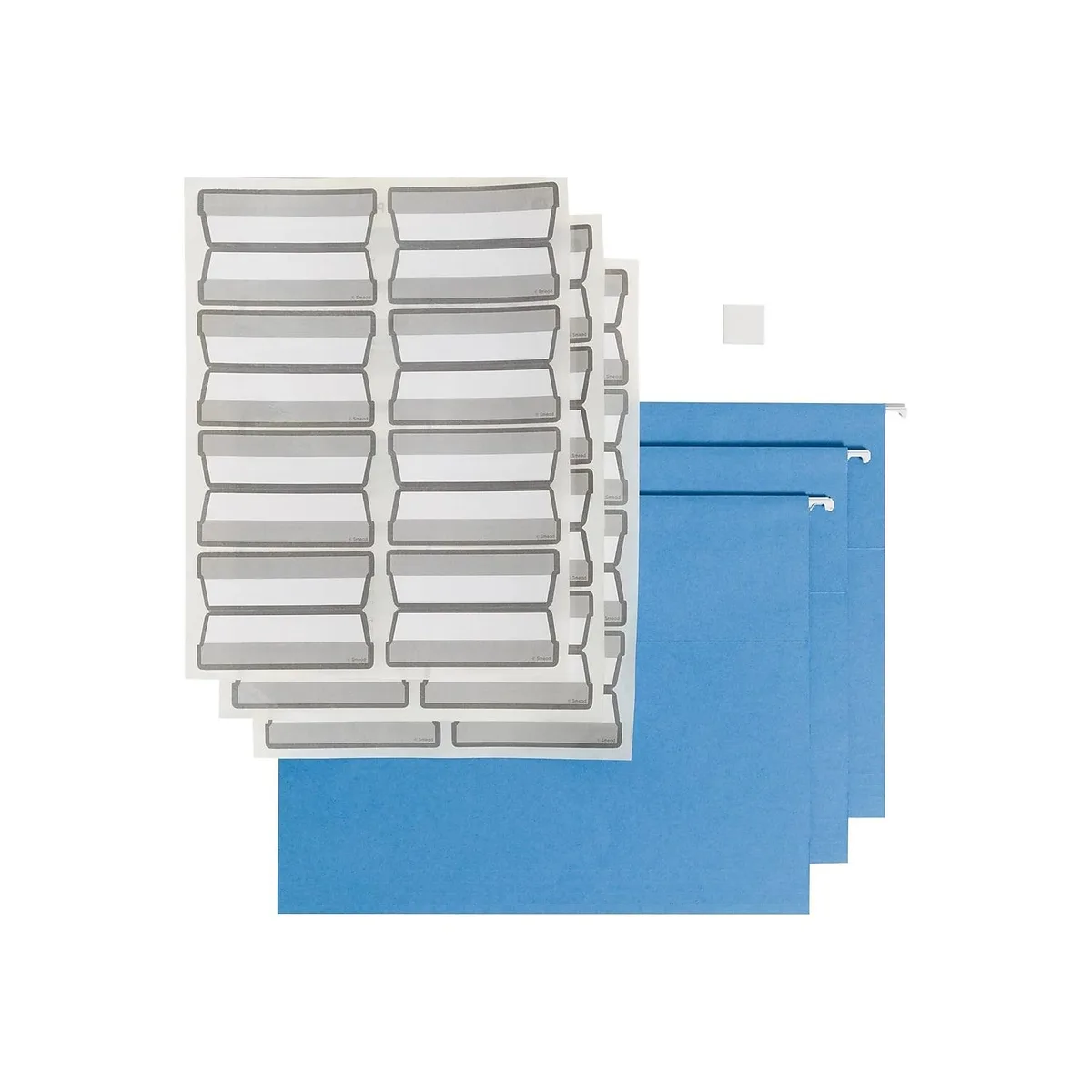 Box of 20 blue letter-size hanging folders with white tabs and labels