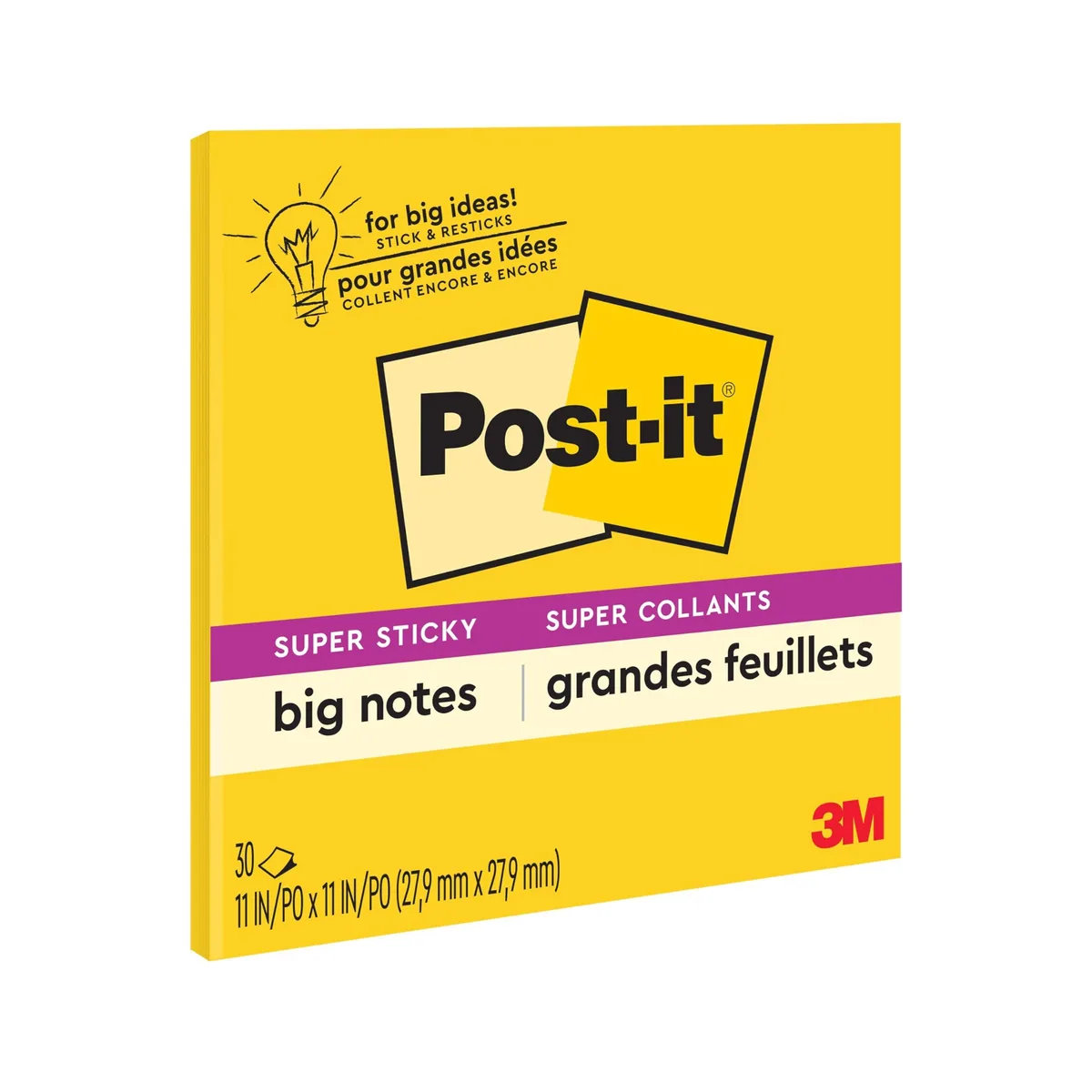 Square yellow sticky note pad, 11 by 11 inches, 30 sheets