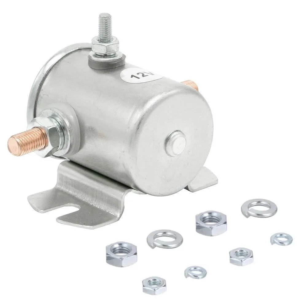 Cylindrical 12V SPST relay with nickel-plated case and two threaded studs