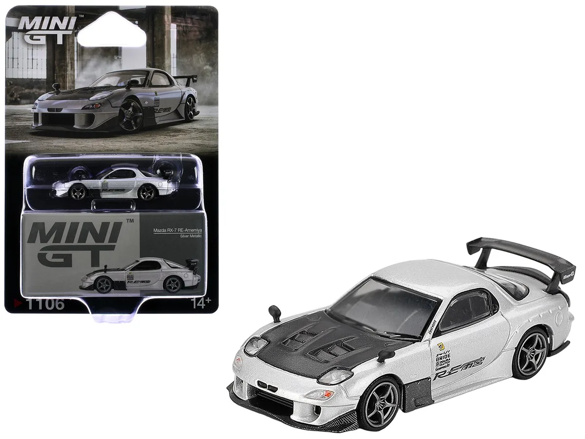 Mini GT Mini GT Mazda RX-7 RE-Amemiya Silver Metallic Matt Black Hood Limited Edition 1/64 Diecast Car — product photo