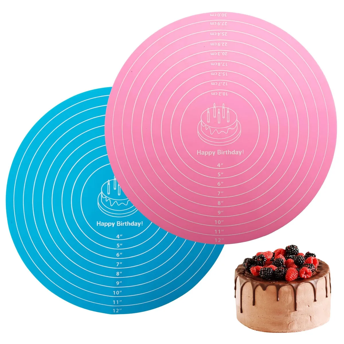 Two round silicone mats, blue and pink, printed with measurement scales