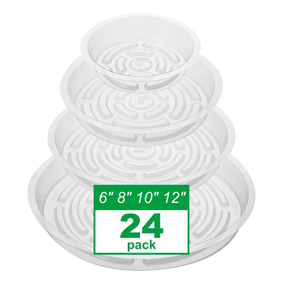Twenty-four clear plastic plant saucers in four sizes from six to twelve inches