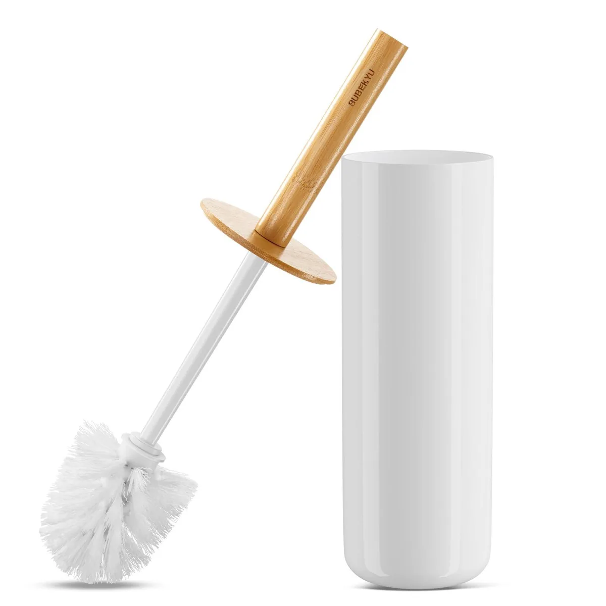 White toilet brush with bamboo handle and matching holder, 3.5"×11.6