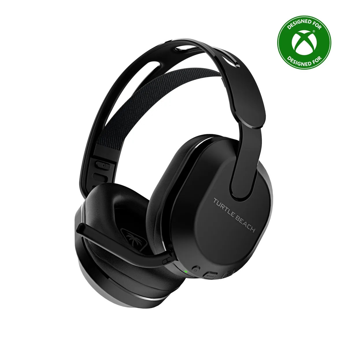 Black over-ear wireless gaming headset with floating headband and flip-up microphone