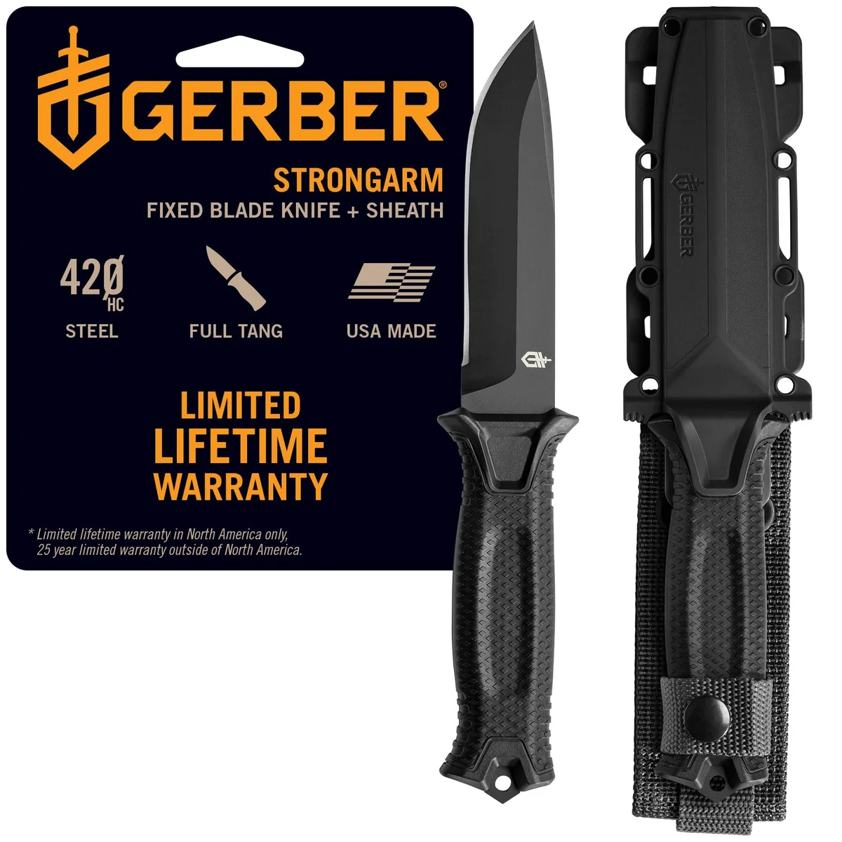 Black fixed-blade knife with rubber handle and sheath