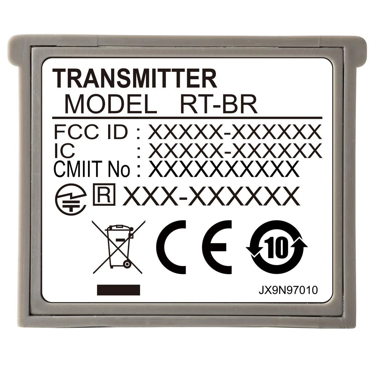 Small rectangular module with matte black finish and branded label