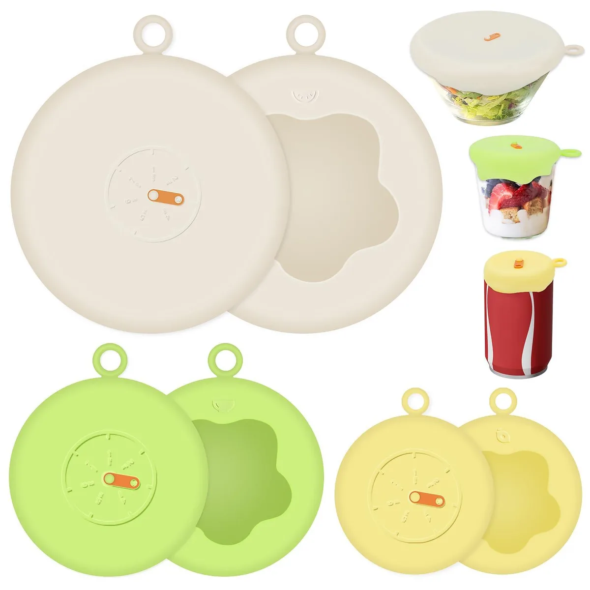 Six green silicone stretch lids in three sizes, round with date pointers on top