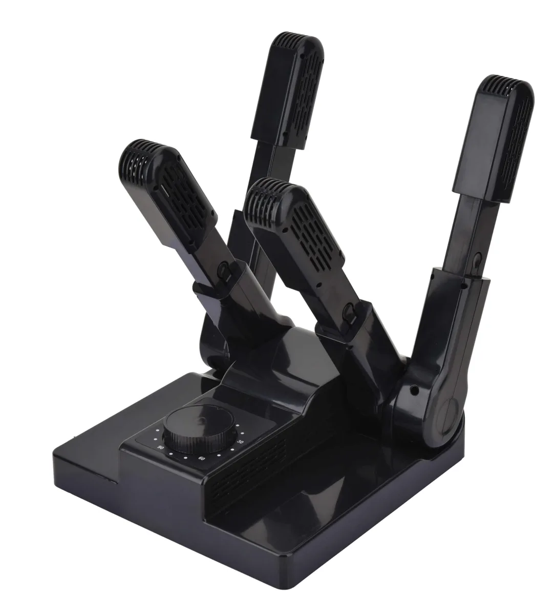 Black folding boot dryer with four retractable vents, freestanding rack, timer and heater controls