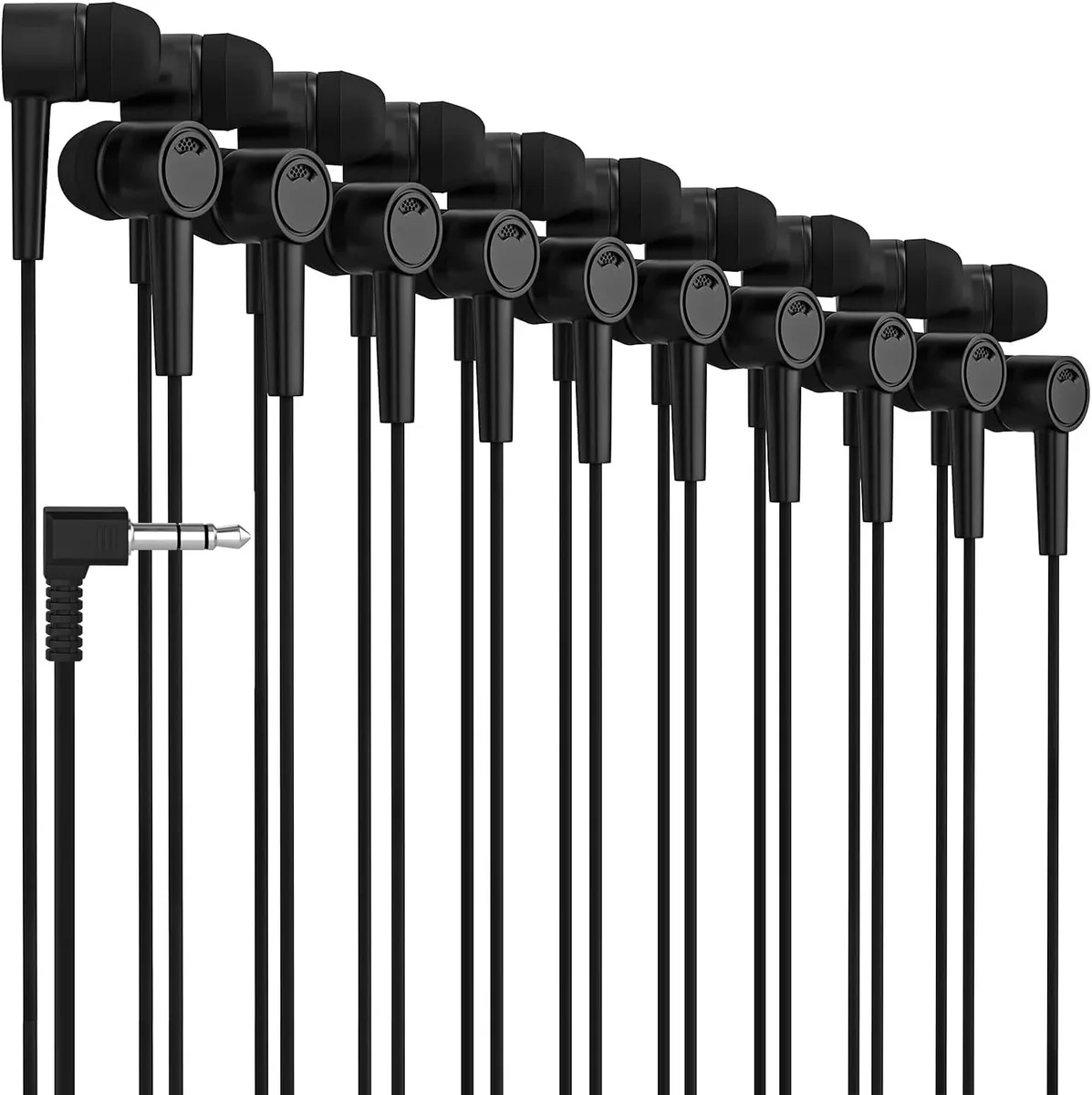 Ten black wired in-ear earbuds with 3.5mm right-angle plugs