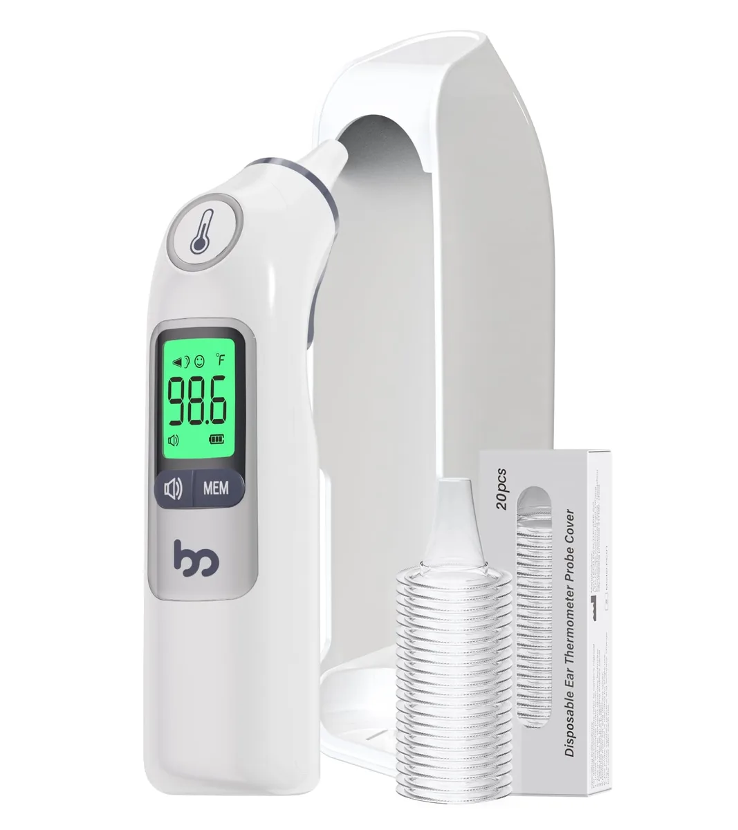 Dark blue ear thermometer with storage case and probe covers