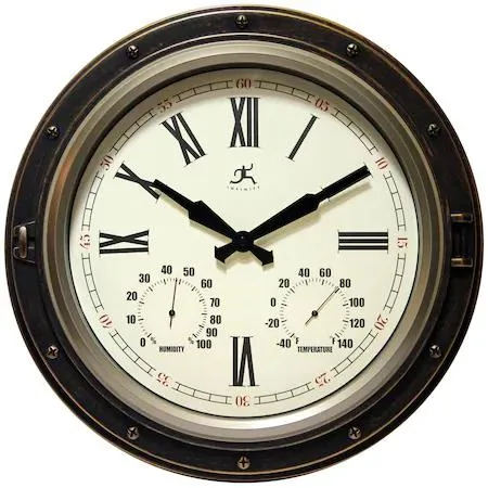 16 inch round bronze wall clock with glass lens and built-in hygrometer and thermometer
