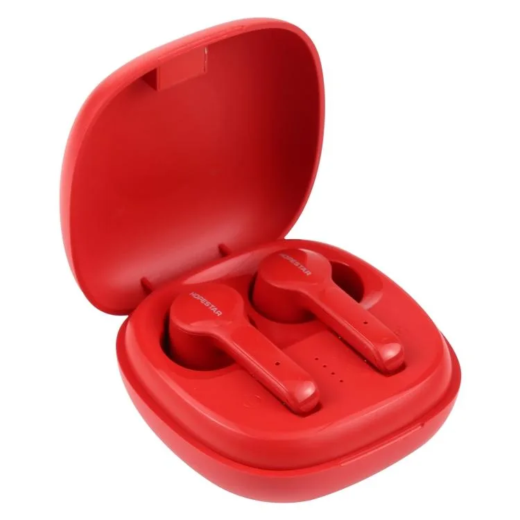 Red true wireless earbuds with matching charging case