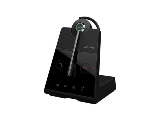 Black Jabra Engage 65 convertible wireless headset with headband and neckband options, padded ear cushion and integrated busy light