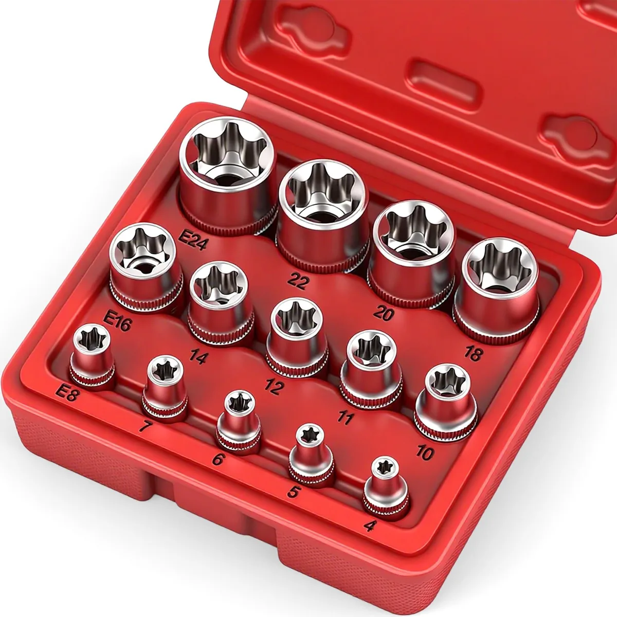 DeWalt 14-piece E-TORX socket set in red case with black phosphate finish