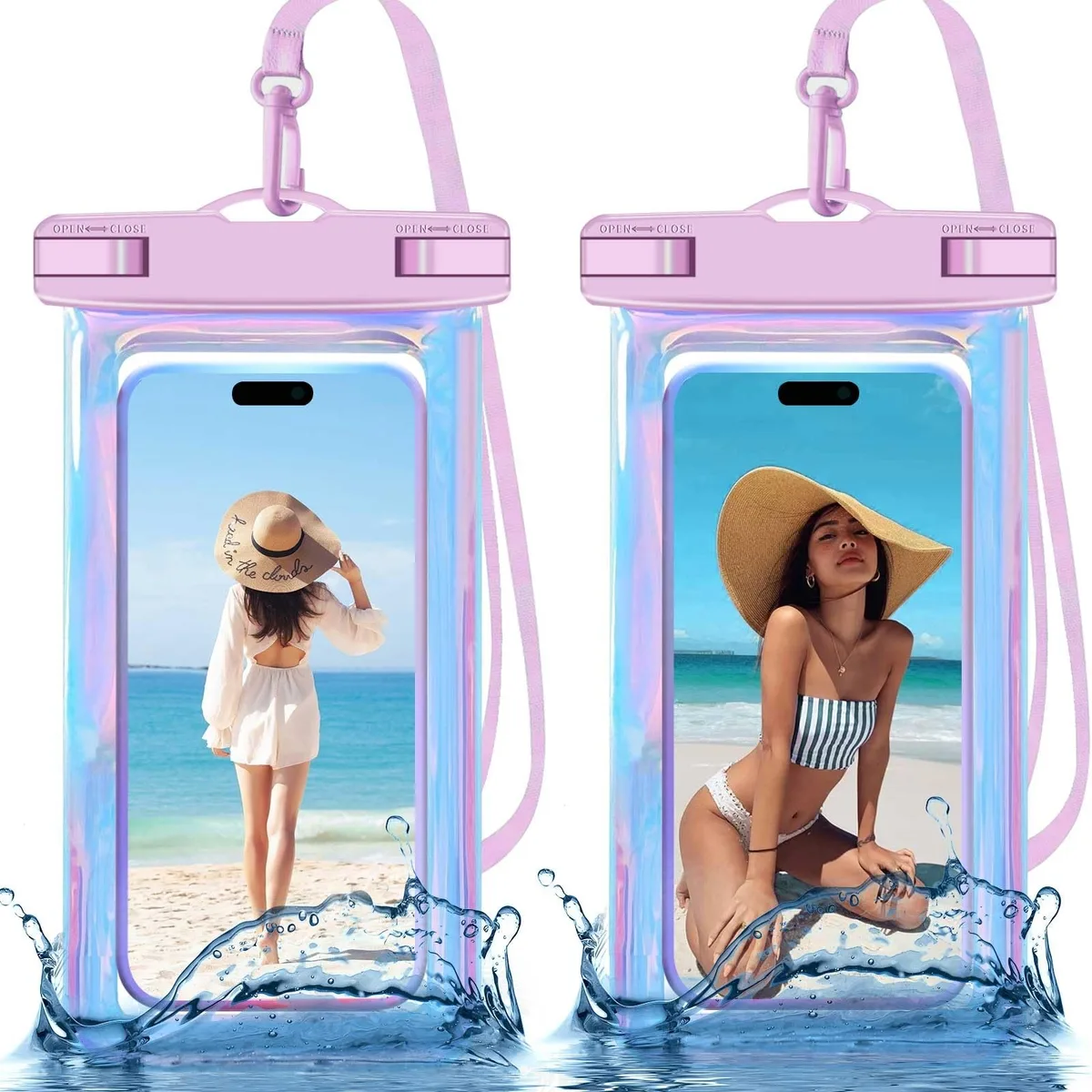 Two iridescent waterproof phone pouches with clear windows and lanyards