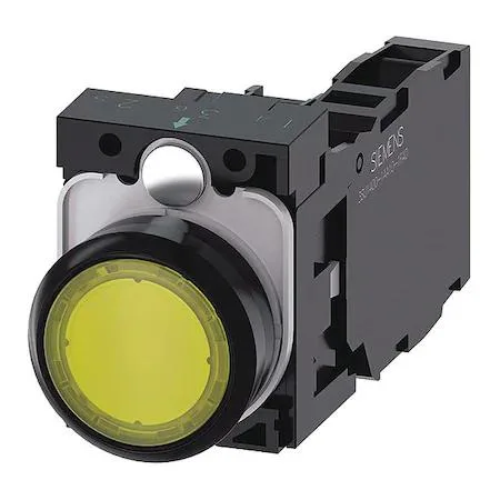 Siemens yellow illuminated push button 22 mm flush plastic bezel 1NO/1NC screw terminals