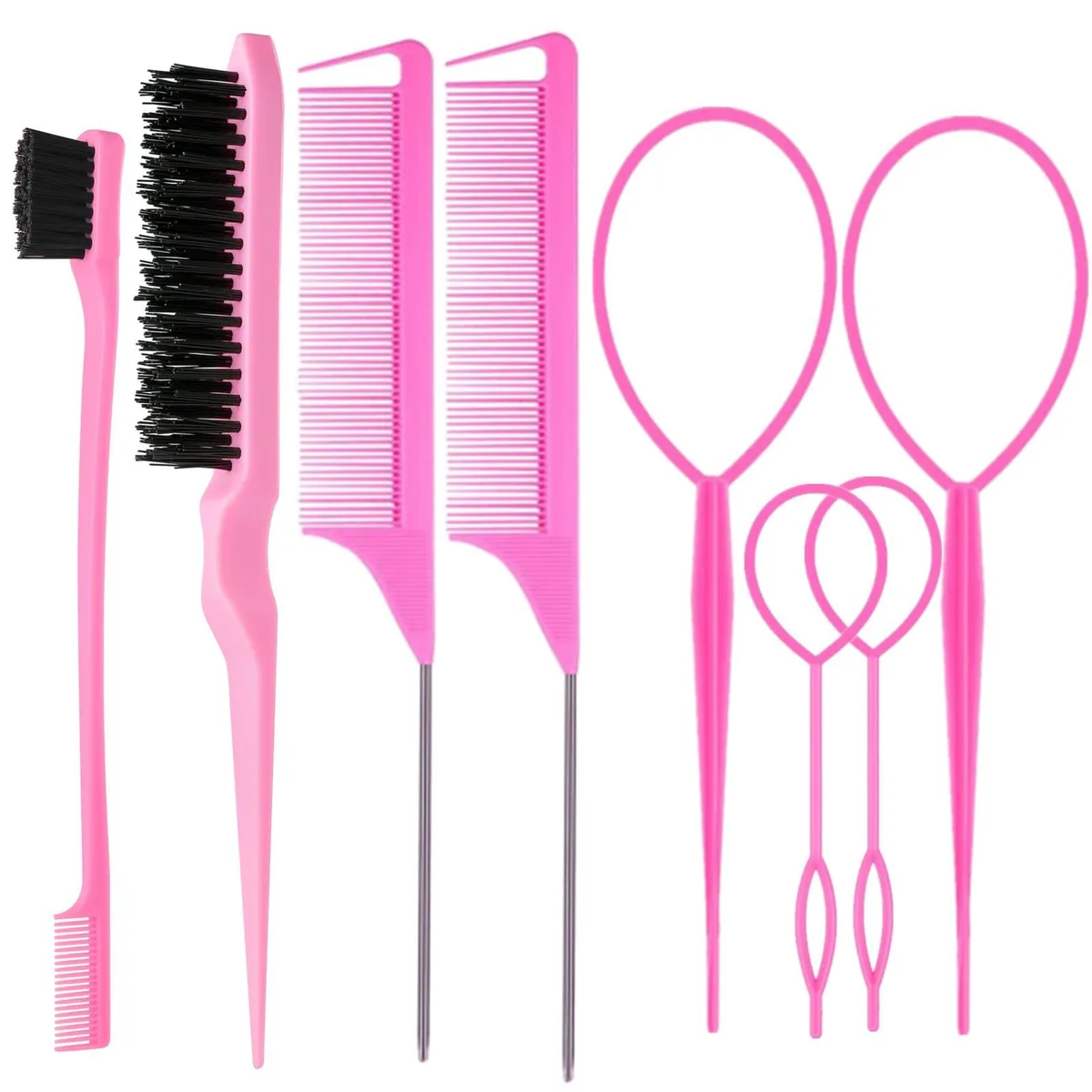 Pink eight-piece hair styling kit with brushes, combs and loop tools