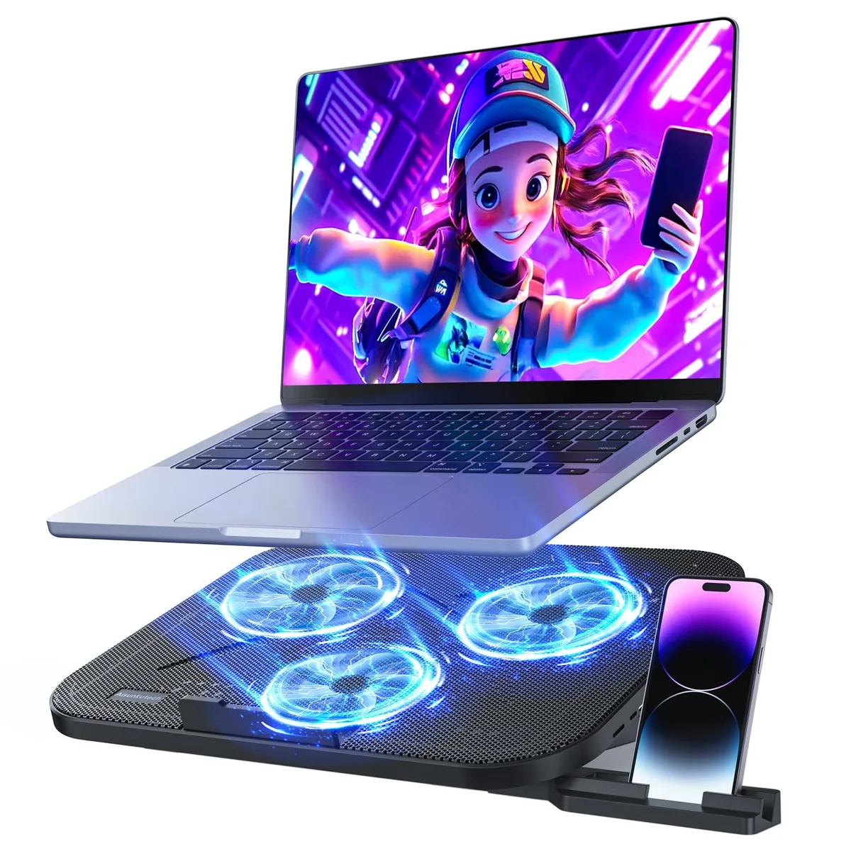 ENHANCE F3 Ultra Blue Laptop Cooling Pad 3 Fans 140mm 5-Level Stand 2 USB Ports — product photo