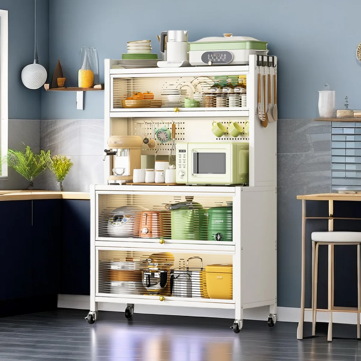 White metal storage shelving unit with double doors