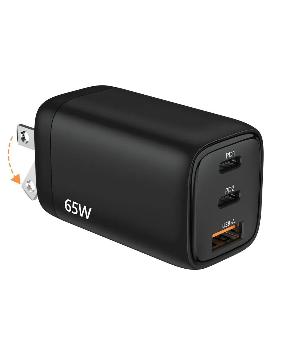 Compact black GaN wall charger with foldable prongs and three USB-C ports