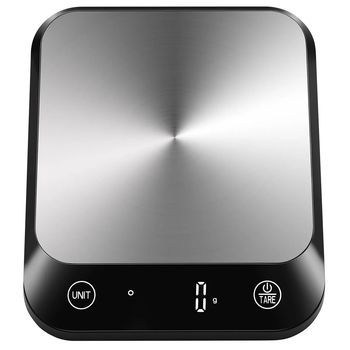 Black rectangular kitchen scale with stainless steel platform and LED display