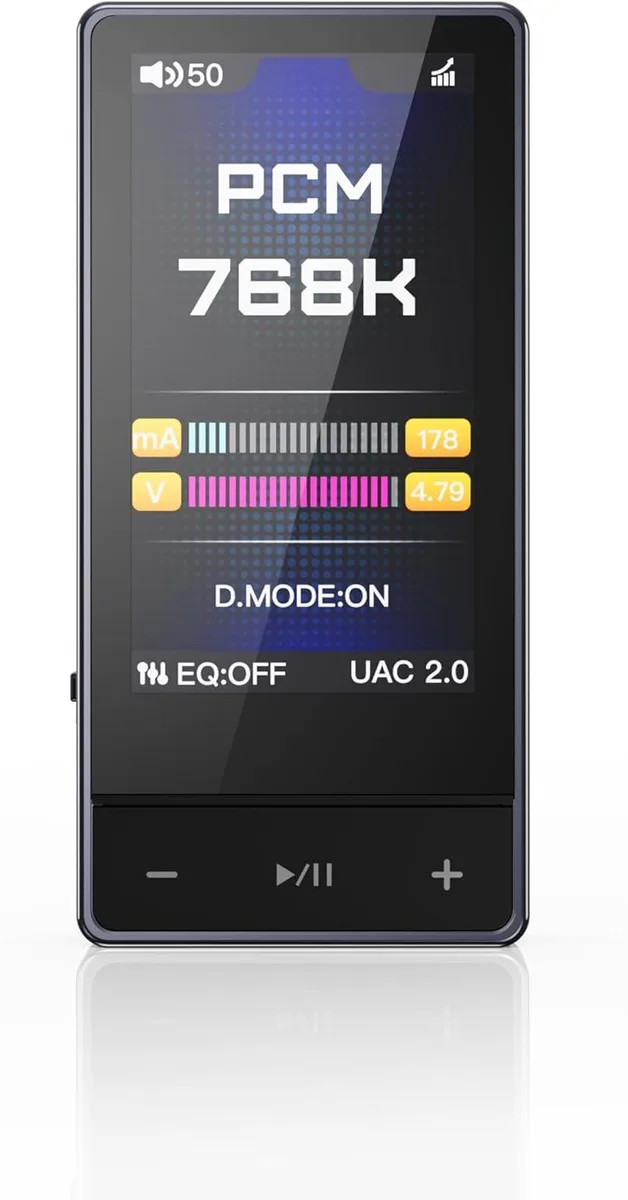 Black carbon-fibre portable DAC amp with 1.99-inch colour display
