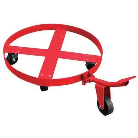 Red steel drum dolly, round open deck, four small casters, 35.5 in long