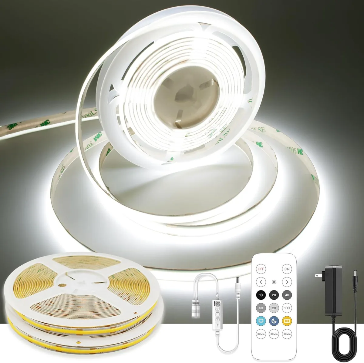 BFKK BFKK 32.8ft White COB LED Strip Light 6000K 3200LEDs RF Remote UL Power Supply 2 Rolls 16.4ft — product photo