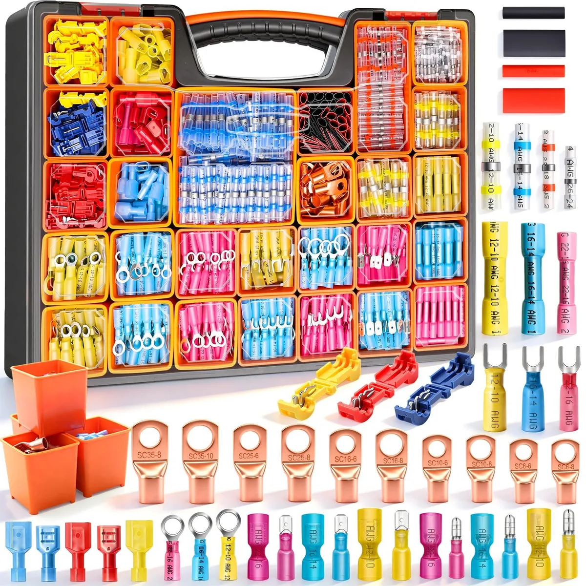 Black heat-shrink wire connector kit in handled box with grid compartments, 1530 pieces