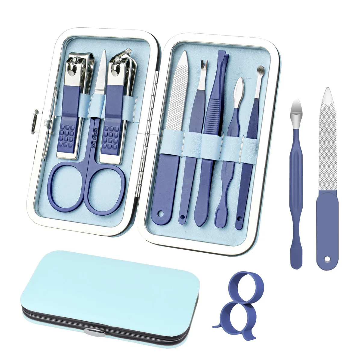 Blue leather case holding eight stainless steel grooming tools