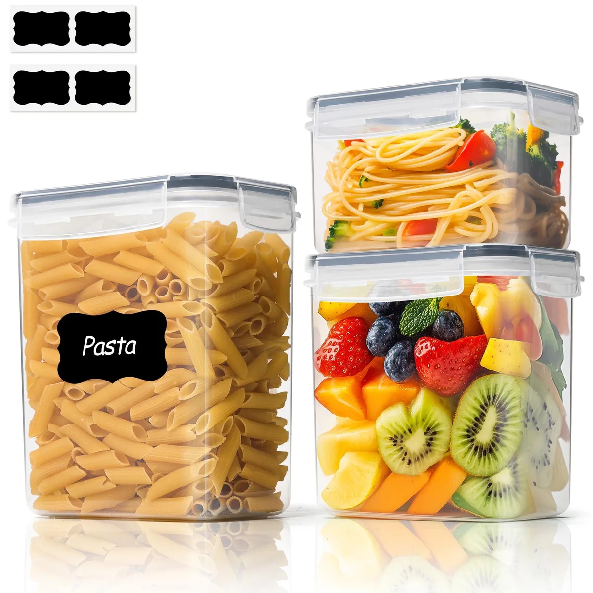 Three clear rectangular plastic containers with side-locking lids, stacked together