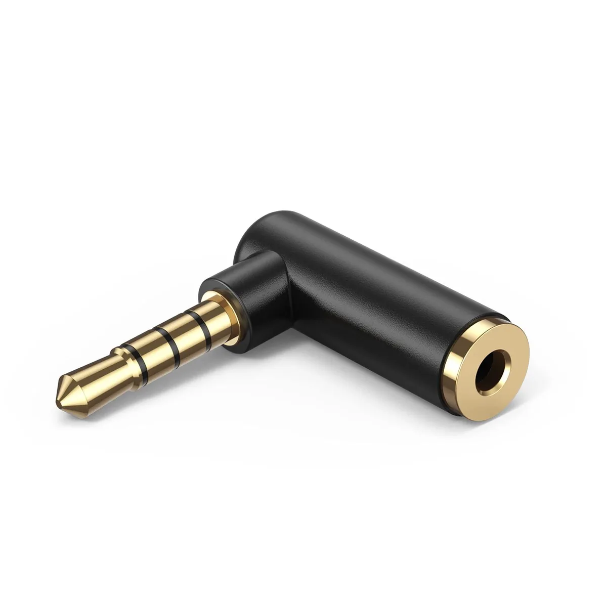 Black 90-degree 3.5mm TRRS adapter with gold-plated connectors