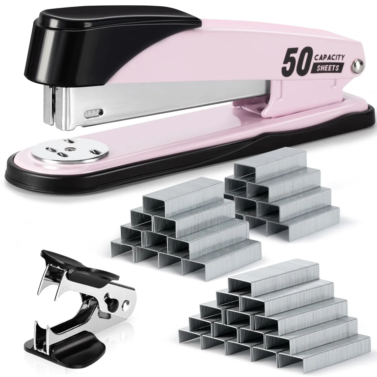 Pink metal desktop stapler with rubber base and staple remover