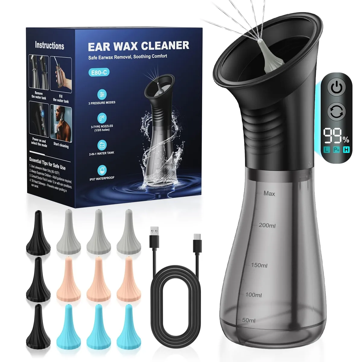 Black electric ear irrigator with integrated water tank and waste reservoir, 12 silicone tips included
