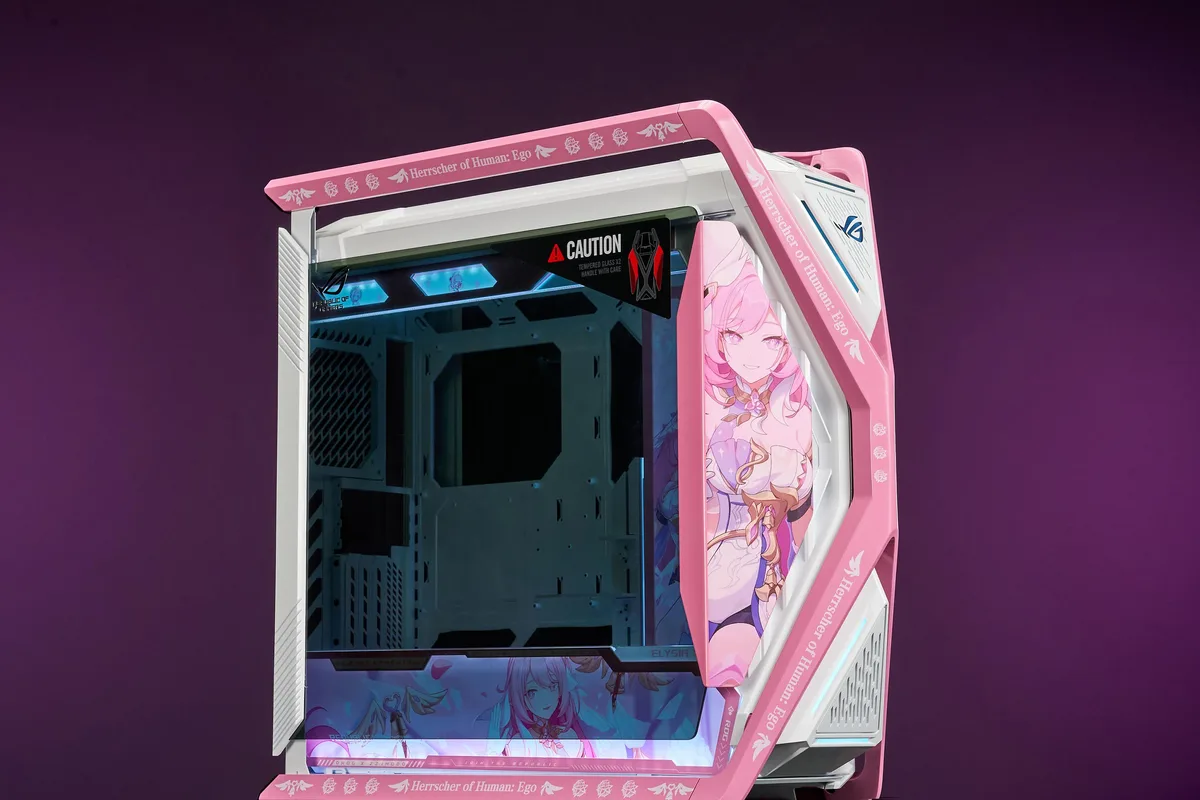 Full-tower E-ATX case in pink with dual tempered glass panels and UV-printed artwork