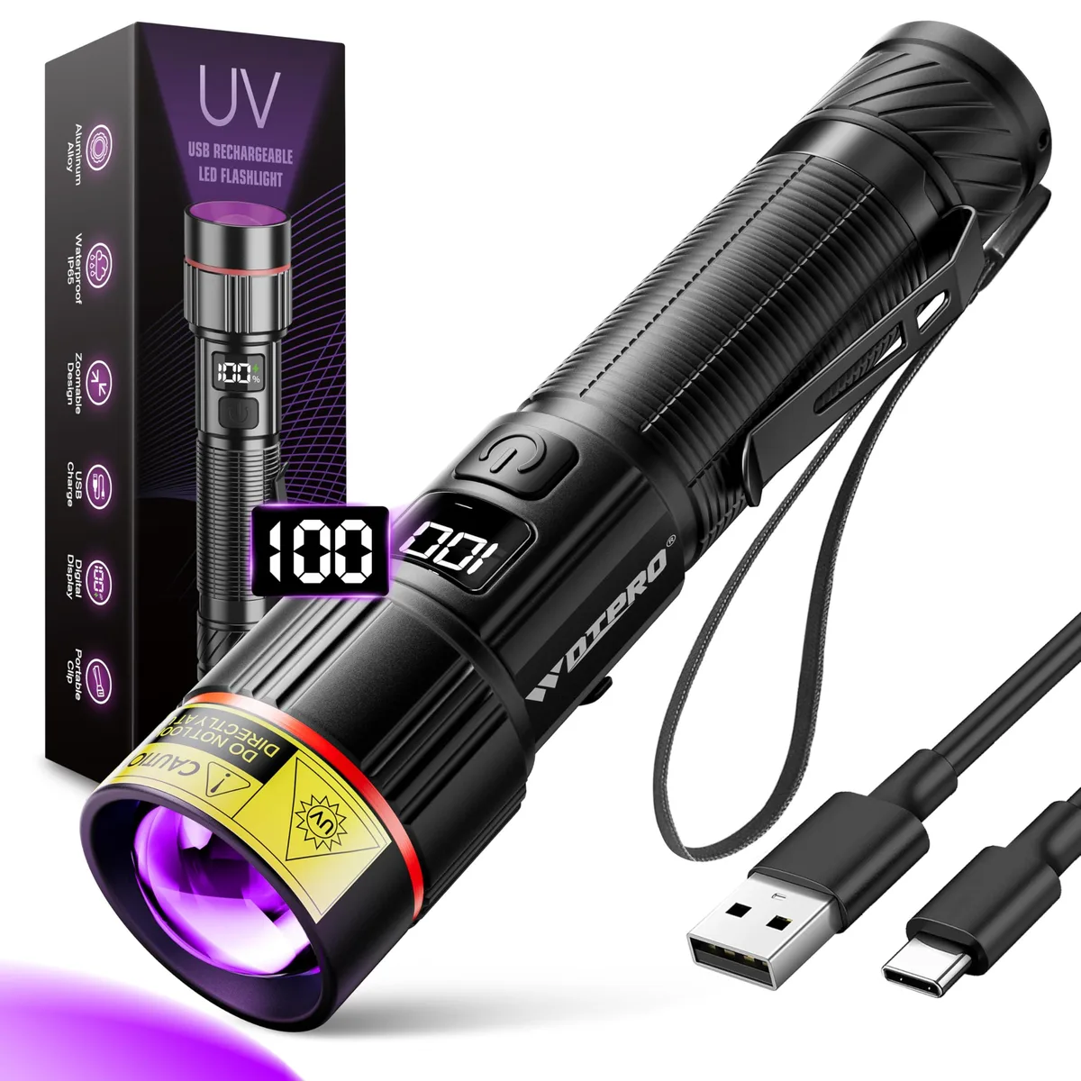 Compact aluminium UV torch with LCD screen and pocket clip