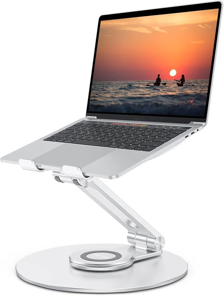 Silver aluminium laptop stand with 360° rotating base, folded flat