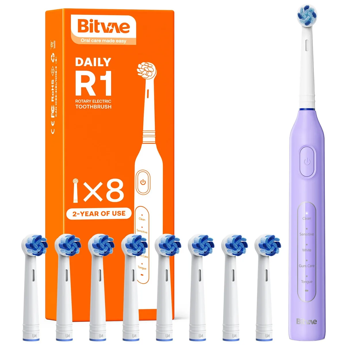 Purple rotating electric toothbrush with eight brush heads and USB cable