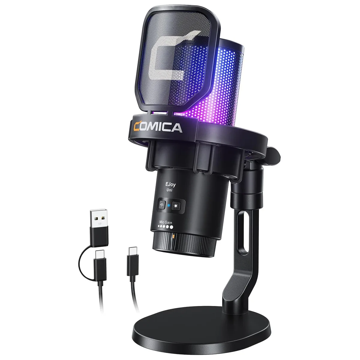 Black USB microphone with shock mount and RGB lighting