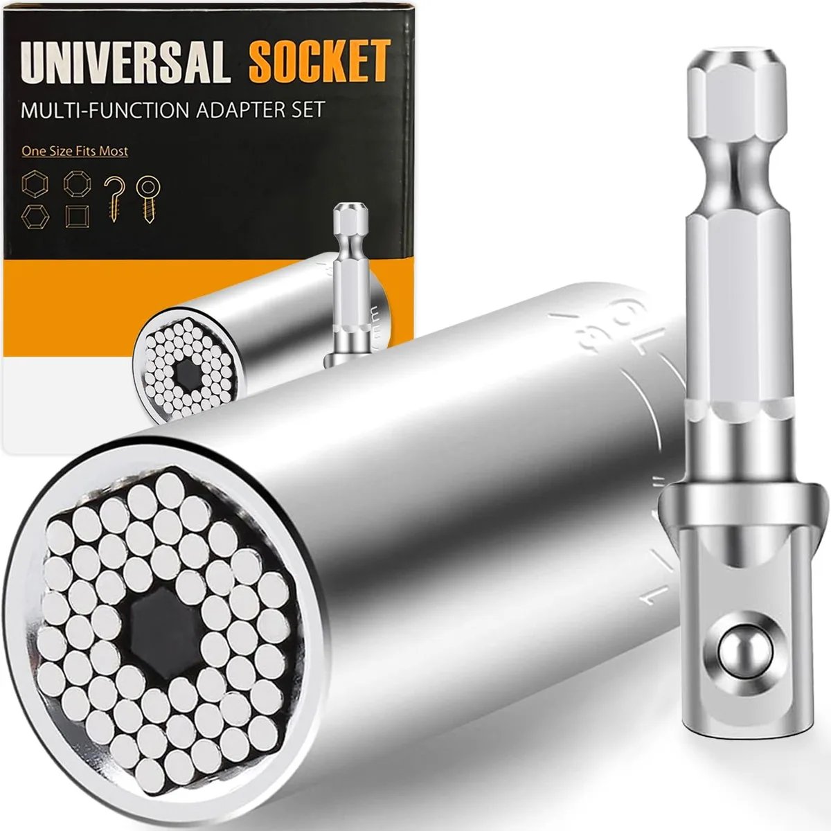 Compact chrome-vanadium universal socket 2.13in long with drill adapter