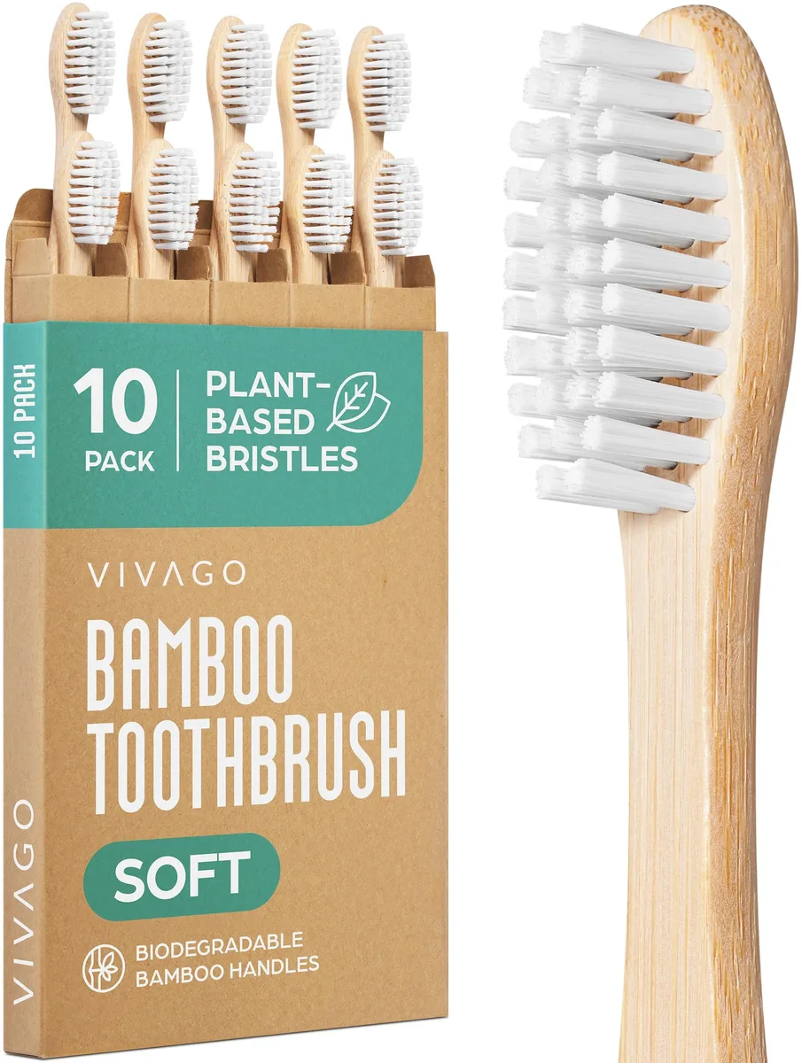 Ten white bamboo toothbrushes with soft plant-based bristles in a pack